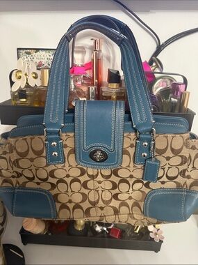 Coach Tan Signature Canvas Satchel with Teal Leather Trim